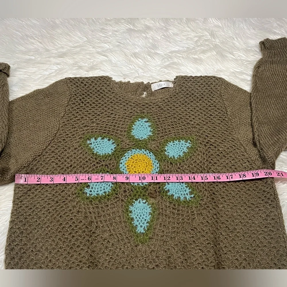 Mu Fashion Women's Floral Sunflower Sweater Olive Green Balloon Sleeves - Picture 8 of 10